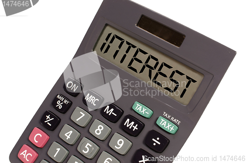 Image of Old calculator on white background showing text "interest" in pe
