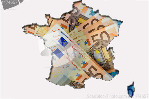 Image of Outline map of France with euro banknotes in background 