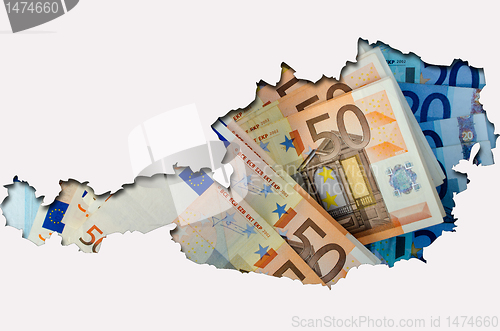 Image of Outline map of Austria with euro banknotes in background 