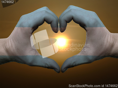 Image of Heart and love gesture by hands colored in argentina flag during