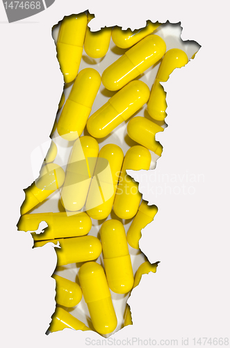 Image of Outline map of Portugal with pills in background