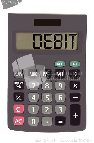 Image of Old calculator on white background showing text "debit"