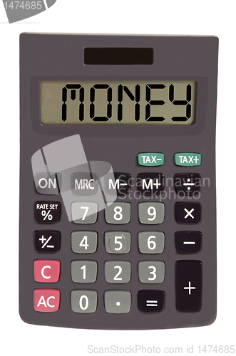 Image of Old calculator on white background showing text "money"