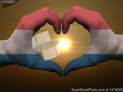 Image of Heart and love gesture by hands colored in holland flag during b