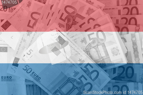 Image of flag of Netherlandswith transparent euro banknote s in backgroun