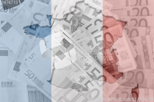 Image of Outline map of France with transparent euro banknotes in backgro