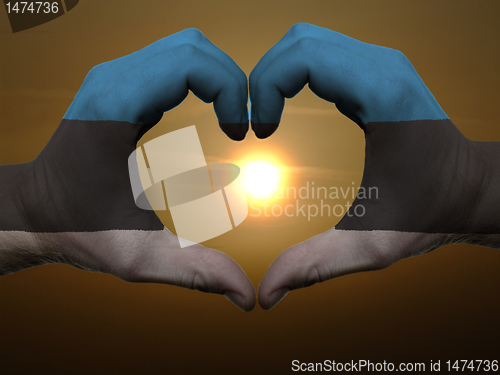 Image of Heart and love gesture by hands colored in estonia flag during b