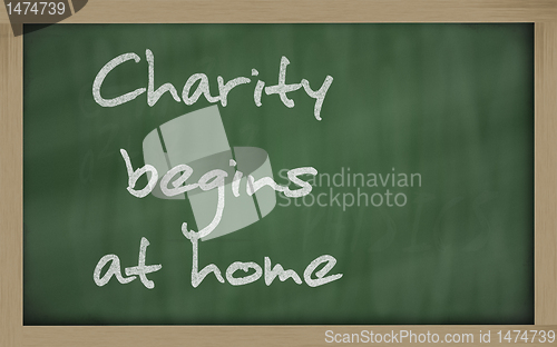 Image of " Charity begins at home " written on a blackboard