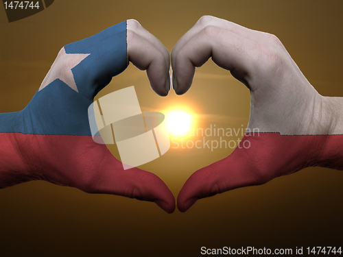 Image of Heart and love gesture by hands colored in chile flag during bea