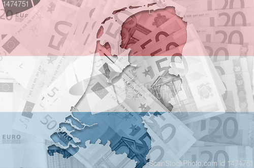 Image of Outline map of Netherlands with transparent euro banknotes in ba