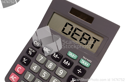 Image of Old calculator on white background showing text "debt" in perspe