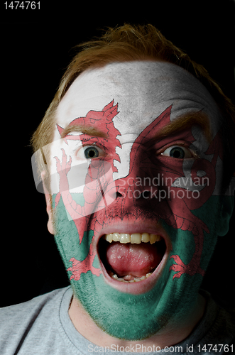 Image of Face of crazy angry man painted in colors of wales flag