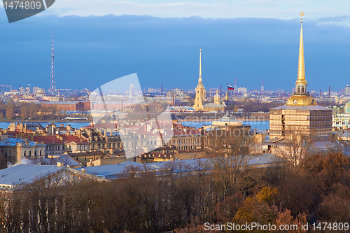 Image of  spikes of St.Petersburg on a blue background