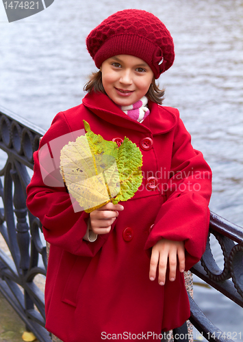 Image of Little girl with autumn yellow leaves. Outdoor.