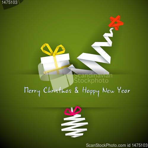 Image of Simple vector red christmas card with gift, tree and bauble