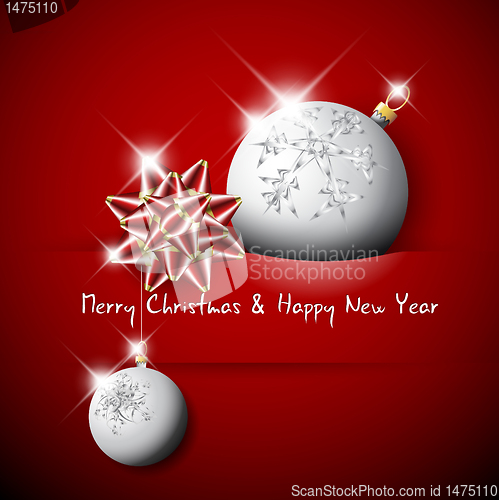 Image of Simple vector red christmas card with bow and bauble 