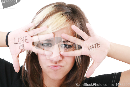 Image of Angry girl, punk teenager girl with blonde and brown hair 
