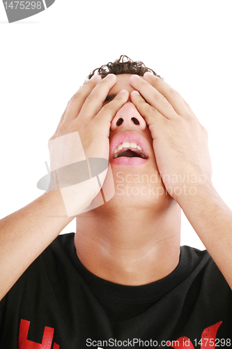 Image of desperate teenage boy on white background 