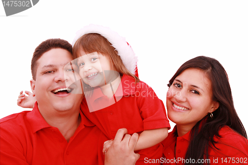 Image of Happiness family in christmas hat isolated on white 