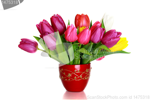 Image of Bouquet of colorful tulips on a white background.