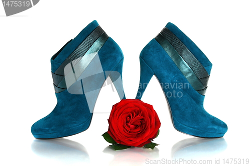 Image of Beautiful female shoes with high heels and flower.