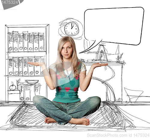 Image of woman in lotus pose with speech bubble