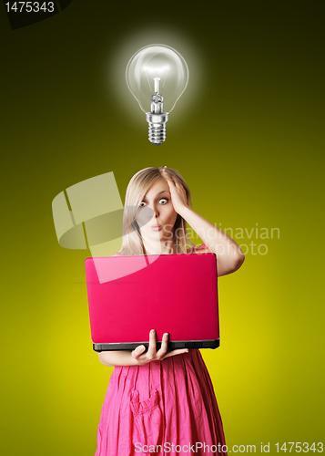 Image of blonde in pink dress with laptop and bulb