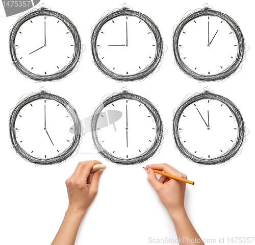 Image of sketch clock with human hands with pencil and eraser