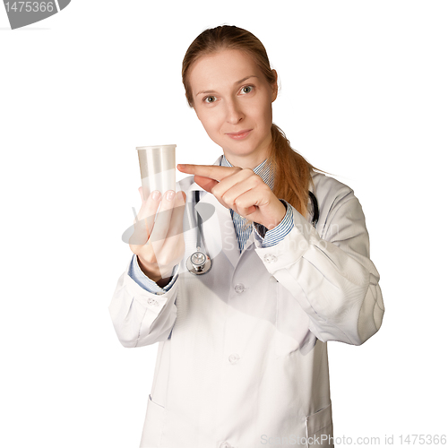 Image of doctor woman with cup for analysis