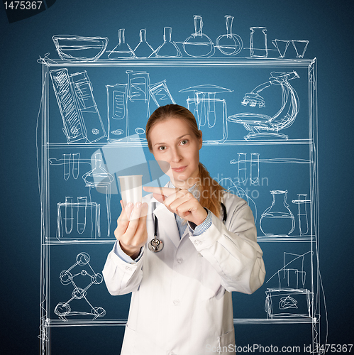 Image of doctor woman with cup for analysis