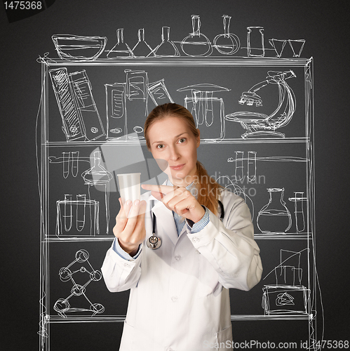 Image of doctor woman with cup for analysis