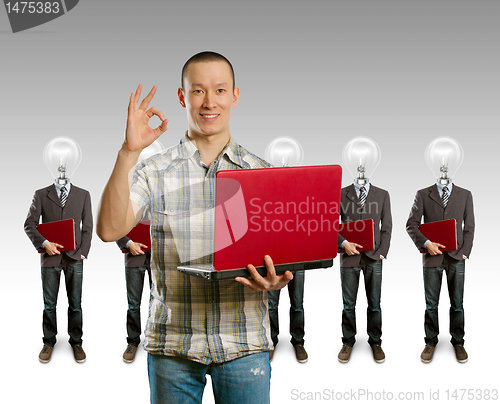 Image of lamp head businesspeople with laptop