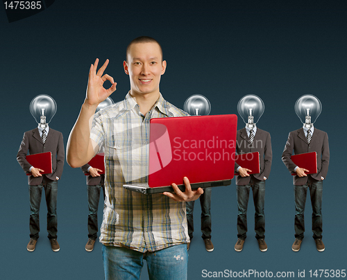 Image of lamp head businesspeople with laptop