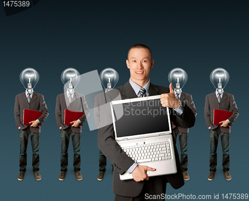Image of lamp head businesspeople with laptop