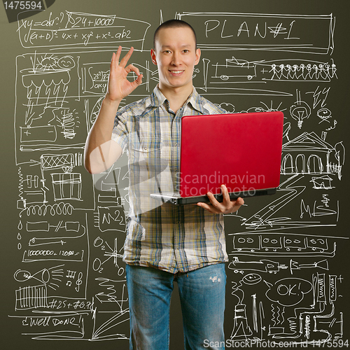 Image of asian male with laptop in his hands shows OK