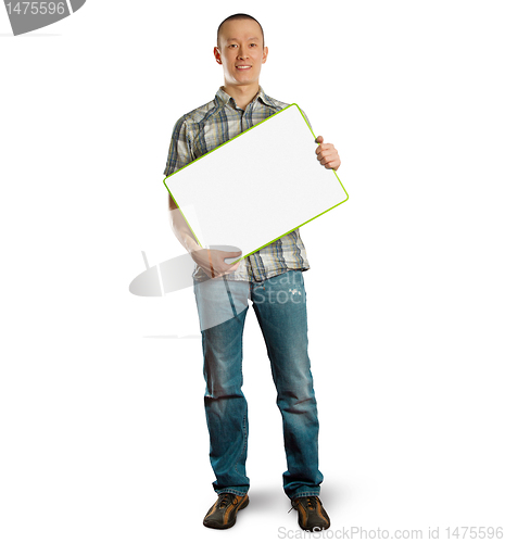 Image of asian male with write board in his hands