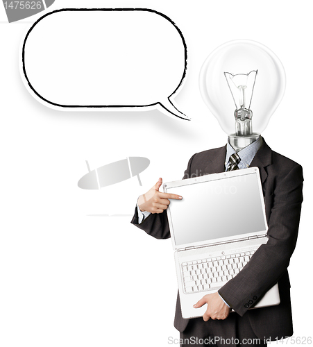 Image of businessman with lamp-head and laptop and comics bubble