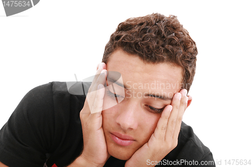 Image of sad teenager portrait close up, isolated on white