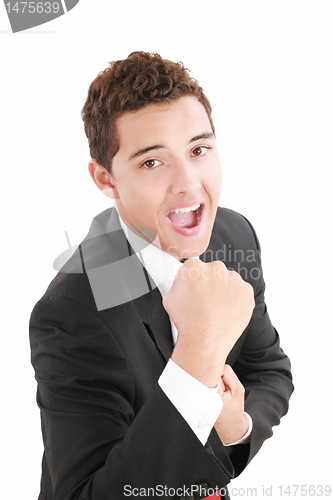 Image of Very happy successful gesturing businessman, isolated on white 