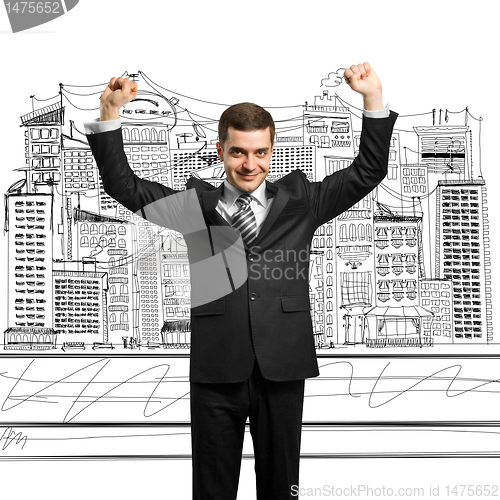 Image of businessman with hands up