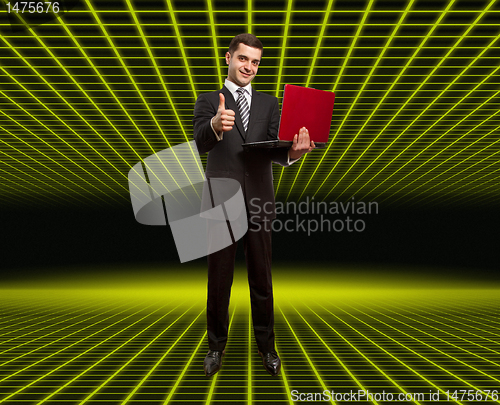 Image of businessman with laptop shows well done in fantastic room