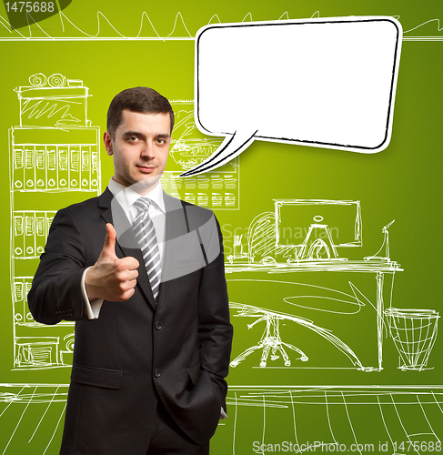 Image of male in suit with crossed hands and thought bubble