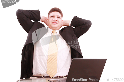 Image of Worried young business man with notebook, isolated on white 