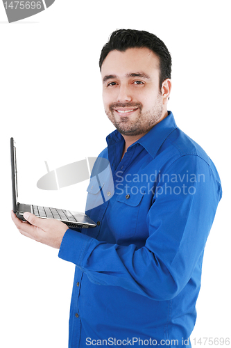 Image of Young man with laptop, isolated on white