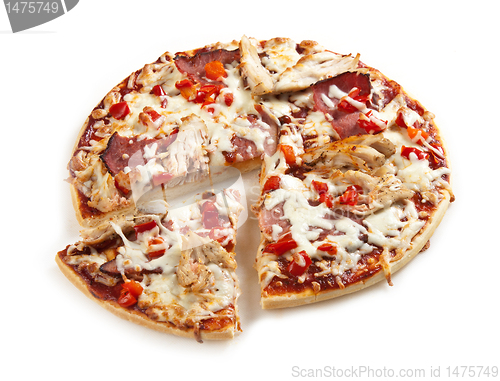 Image of meat and chicken pizza