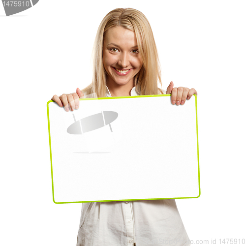 Image of happy businesswoman holding blank white card