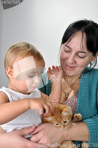 Image of mother and daughter playing with a cat