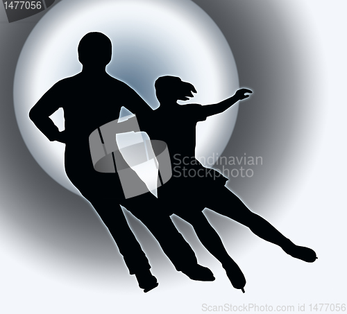 Image of Spotlight Back Silhouette Ice Skater Couple Side by Side Turn