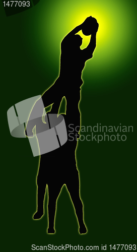 Image of Green Glow Sport Silhouette - Rugby Players Supporting Lineout J