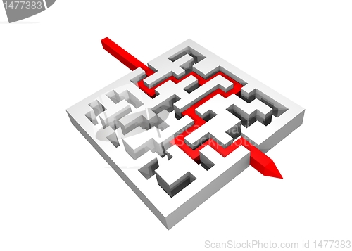 Image of 3d labyrinth with a red line crossing